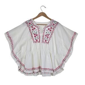 Boho Embroidered Peasant Top L Ivory Floral Kimono Sleeve Festival Blouse